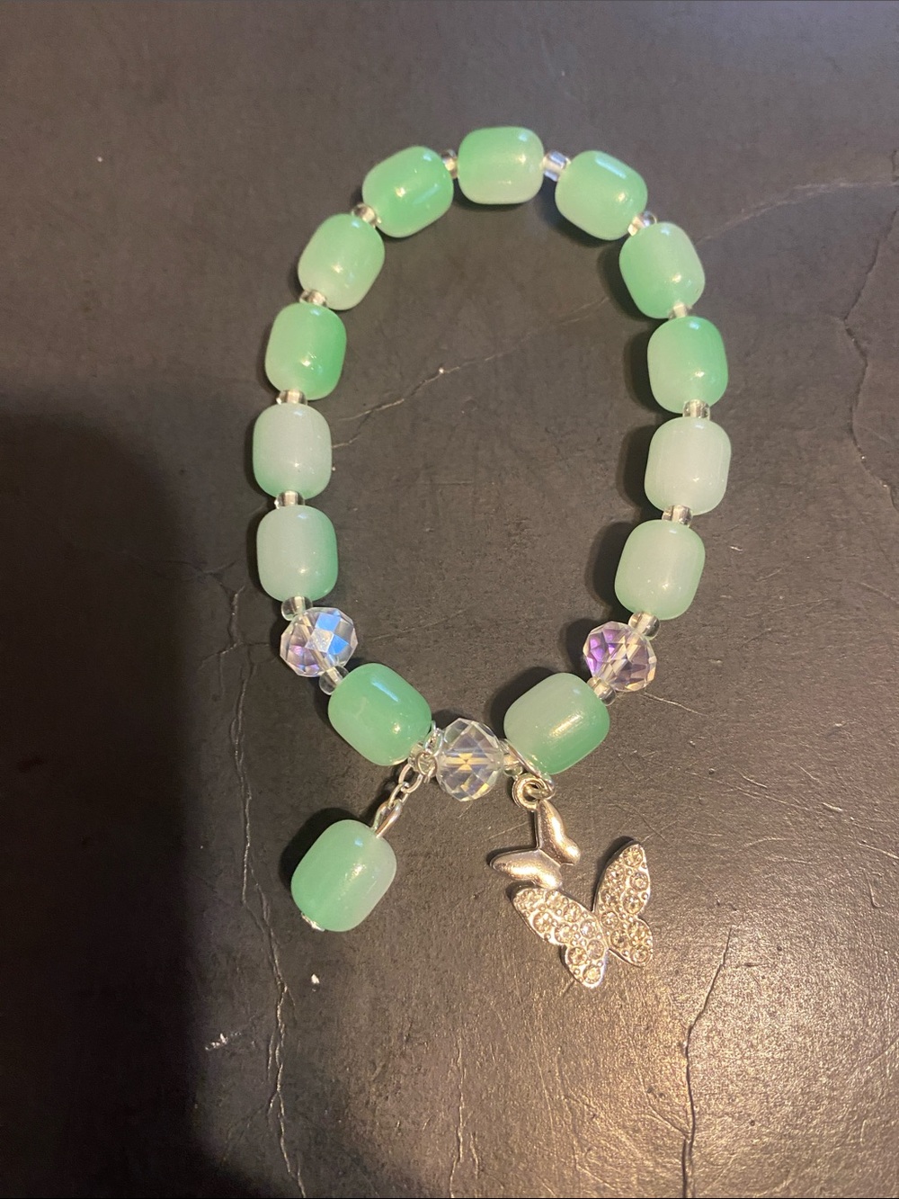 Mint Green Beaded Bracelet with Crystal Accents and Butterfly Charm